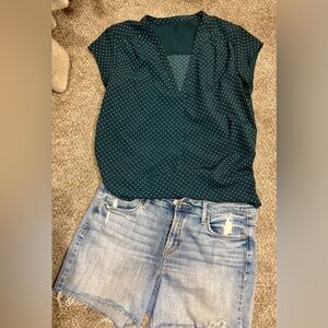 Polka Dot V-Neck Blouse - Green AND Denim Shorts - OUTFIT!!